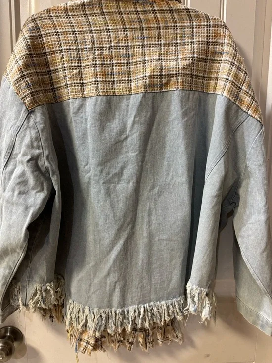 Dance & Marvel Plaid Tan Jacket with Light Blue Denim Sleeves - Picture 7 of 9